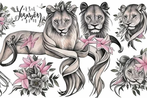 lioness with july flower stargazers lilies wrapped, add 5/04/1993 date and spinal cord awareness ribbon tattoo idea