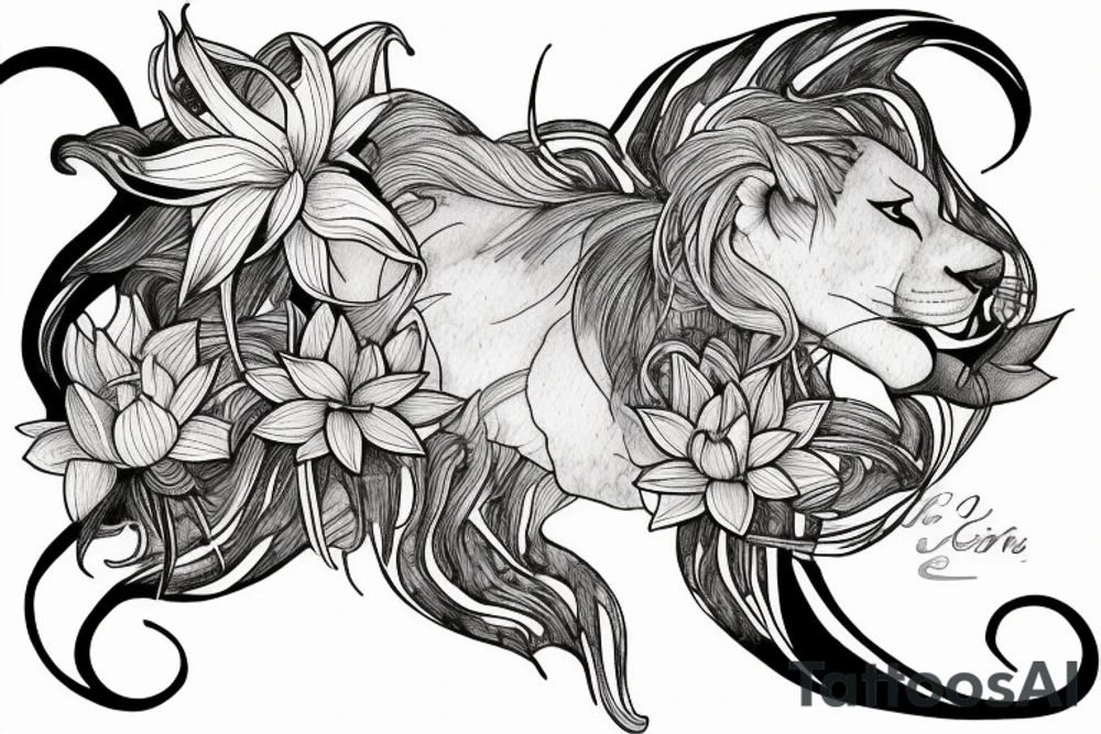 lioness with 2 lotus flower stargazers lilies wrapped, add 5/04/1993 date and spinal cord awareness ribbon tattoo idea