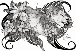 lioness with 2 lotus flower stargazers lilies wrapped, add 5/04/1993 date and spinal cord awareness ribbon tattoo idea