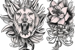 lioness with 2 lotus flower stargazers lilies wrapped, add 5/04/1993 date and spinal cord awareness ribbon tattoo idea