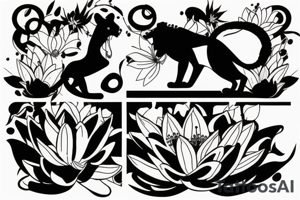 lioness with 2 lotus flower stargazers lilies wrapped tattoo idea