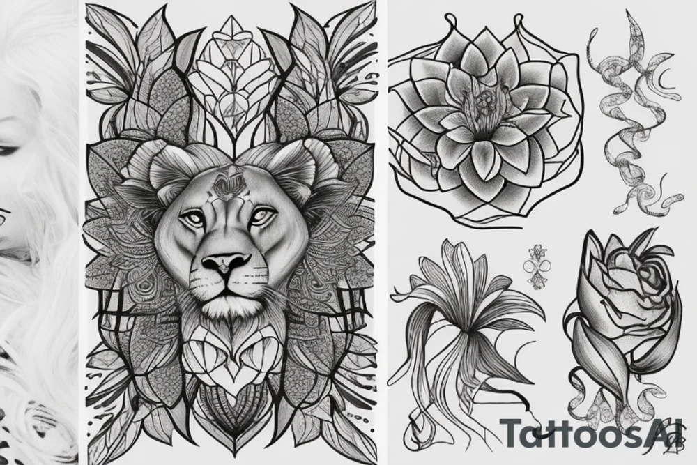 lioness with 2 lotus flower stargazers lilies wrapped tattoo idea