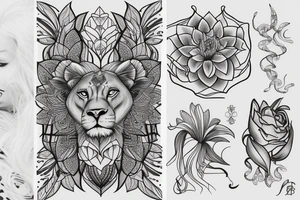 lioness with 2 lotus flower stargazers lilies wrapped tattoo idea