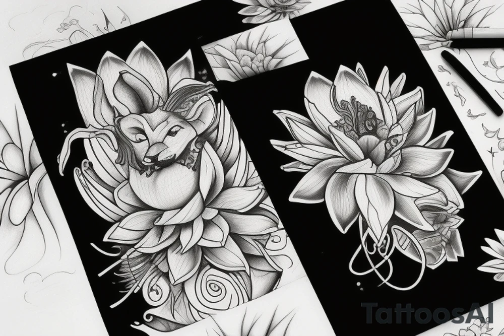 lioness with 2 lotus flower stargazers lilies wrapped tattoo idea