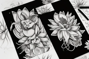 lioness with 2 lotus flower stargazers lilies wrapped tattoo idea