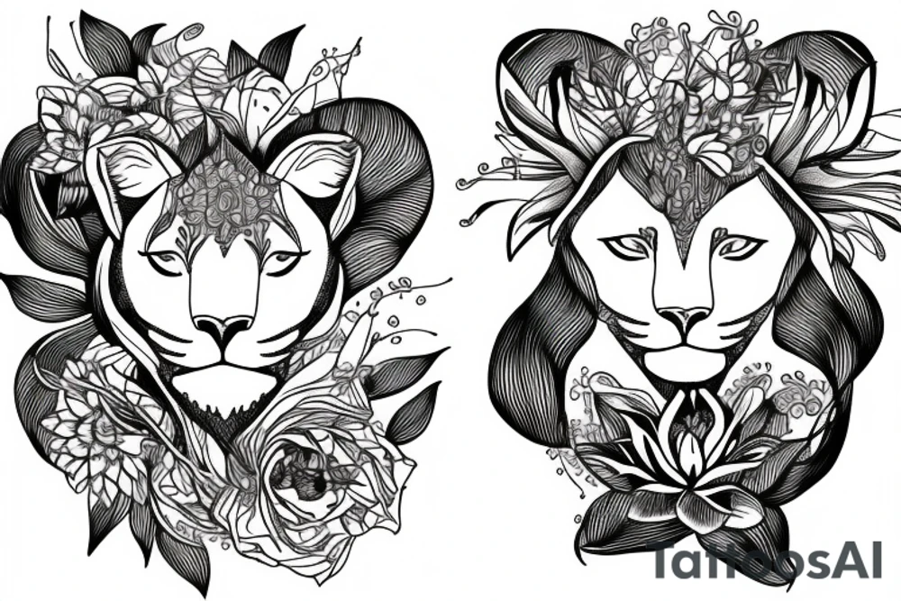 lioness with 2 lotus flower stargazers lilies wrapped tattoo idea
