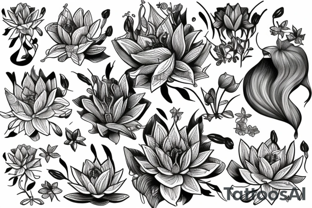 lioness with 2 lotus flower stargazers lilies wrapped tattoo idea