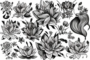 lioness with 2 lotus flower stargazers lilies wrapped tattoo idea