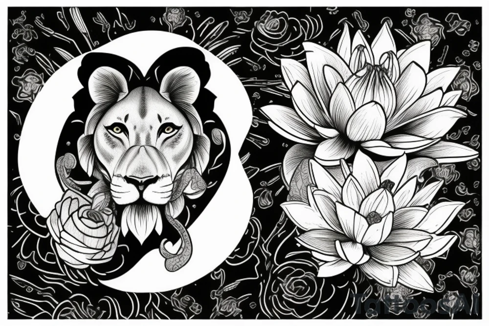 lioness with 2 lotus flower stargazers lilies wrapped tattoo idea