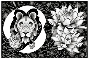 lioness with 2 lotus flower stargazers lilies wrapped tattoo idea