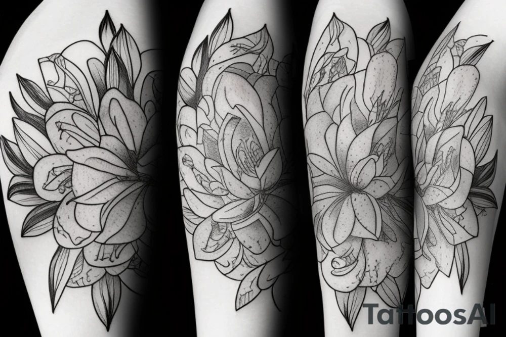 lioness with 2 lotus flower stargazers lilies wrapped tattoo idea