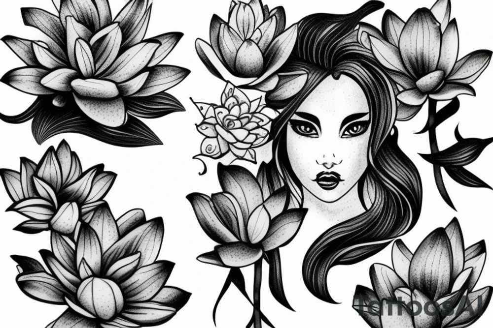 lioness with 2 lotus flower stargazers lilies wrapped tattoo idea