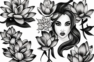 lioness with 2 lotus flower stargazers lilies wrapped tattoo idea
