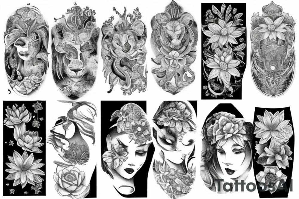 lioness with 2 lotus flower stargazers lilies wrapped tattoo idea