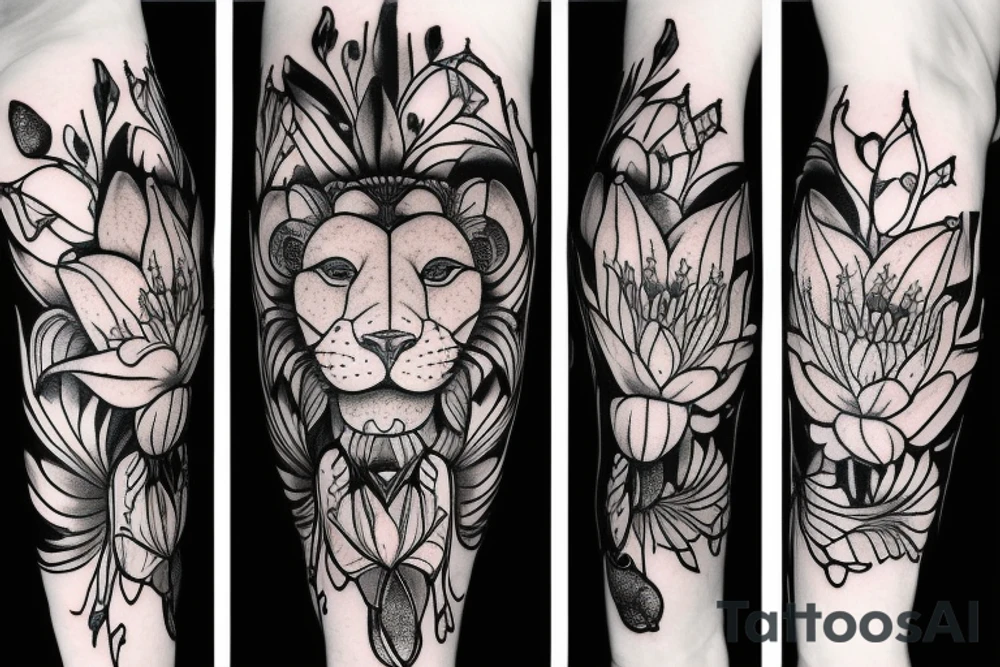 lioness with 2 lotus flower stargazers lilies wrapped tattoo idea