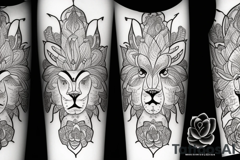lioness with 2 lotus flower stargazers lilies wrapped tattoo idea