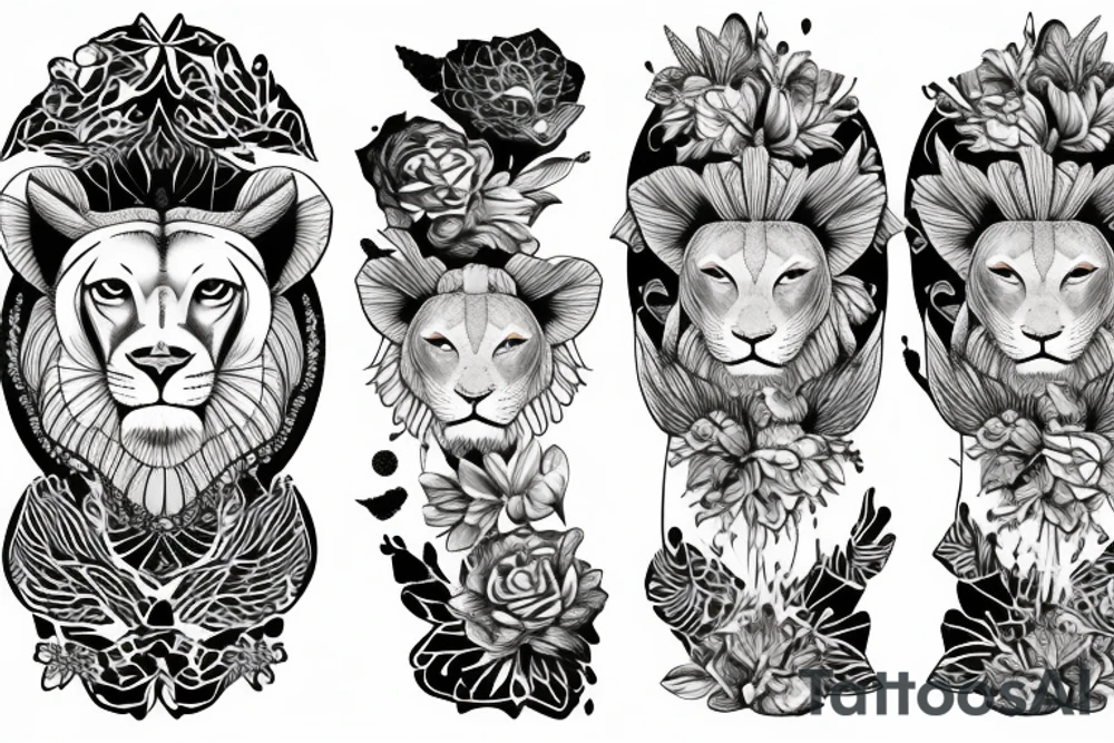 lioness with 2 lotus flower stargazers lilies wrapped tattoo idea