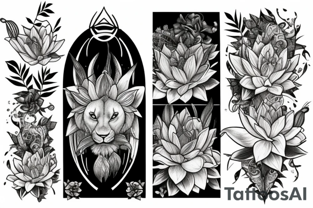 lioness with 2 lotus flower stargazers lilies wrapped tattoo idea