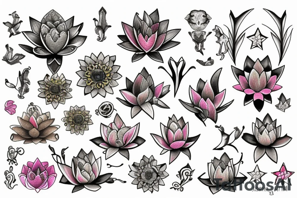 lotus and stargazer lily with lioness tattoo idea