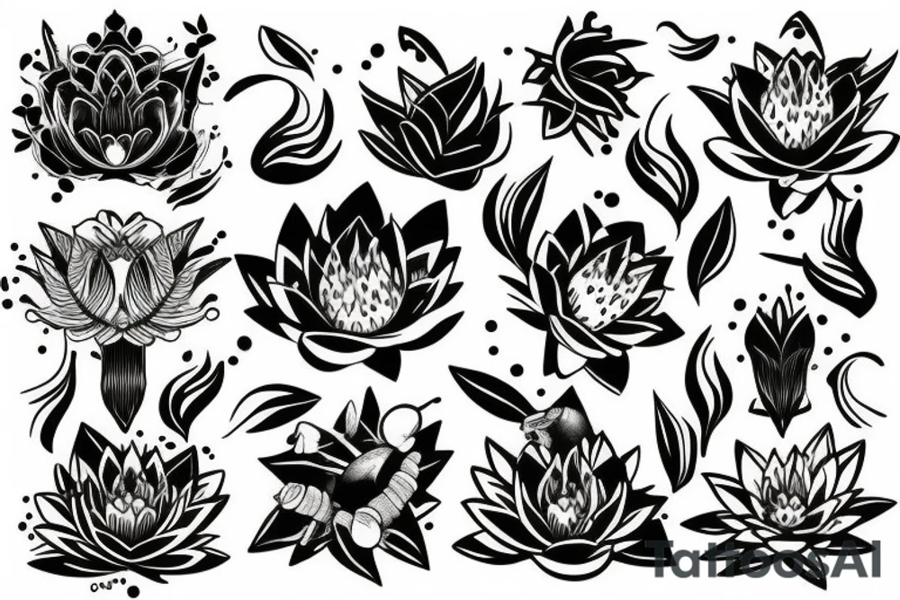lotus and stargazer lily with lioness tattoo idea