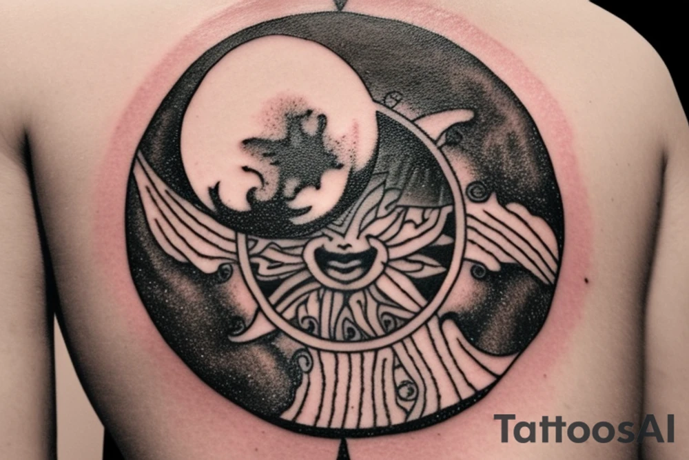 Tattoo Description:

Center: Place a merged image of the sun and moon. The sun should occupy half of the circle, with its rays extending outward in a burst of light. The moon, on the other half, is a crescent, casting a gentle glow. The fusion of the two celestial bodies symbolizes the balance of day and night, light and dark.

Turtles Starting the Spiral: Just outside the sun and moon circle, have two honu turtles placed opposite each other. Their back flippers should be touching or nearly touching the sun and moon circle, as if they're "pushing off" from it. This starts the spiral motion.

Spiral Theme: Starting from the turtles, have a spiral that gently moves outward. This can be an oceanic wave spiral, representing the fluidity of life and how everything starts from a central point and moves outward in a journey. The spiral can also have small Polynesian symbols or designs intermittently to fill space and add aesthetics.

Room for Expansion: Ensure that the end of the spiral isn’t fully closed, but rather tapers off and fades slightly. This gives a feeling of continuity, leaving room for further design additions in the future. Also, when designing the spiral, consider leaving spaces or gaps where new elements can be integrated seamlessly.

When you take this to a professional tattoo artist, they can sketch a design based on the description, and then you can collaborate further to refine it. tattoo idea