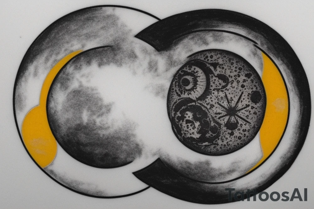 Tattoo Description:

Center: Place a merged image of the sun and moon. The sun should occupy half of the circle, with its rays extending outward in a burst of light. The moon, on the other half, is a crescent, casting a gentle glow. The fusion of the two celestial bodies symbolizes the balance of day and night, light and dark.

Turtles Starting the Spiral: Just outside the sun and moon circle, have two honu turtles placed opposite each other. Their back flippers should be touching or nearly touching the sun and moon circle, as if they're "pushing off" from it. This starts the spiral motion.

Spiral Theme: Starting from the turtles, have a spiral that gently moves outward. This can be an oceanic wave spiral, representing the fluidity of life and how everything starts from a central point and moves outward in a journey. The spiral can also have small Polynesian symbols or designs intermittently to fill space and add aesthetics.

Room for Expansion: Ensure that the end of the spiral isn’t fully closed, but rather tapers off and fades slightly. This gives a feeling of continuity, leaving room for further design additions in the future. Also, when designing the spiral, consider leaving spaces or gaps where new elements can be integrated seamlessly. tattoo idea