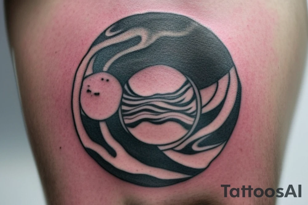 Tattoo Description:

Center: Place a merged image of the sun and moon. The sun should occupy half of the circle, with its rays extending outward in a burst of light. The moon, on the other half, is a crescent, casting a gentle glow. The fusion of the two celestial bodies symbolizes the balance of day and night, light and dark.

Turtles Starting the Spiral: Just outside the sun and moon circle, have two honu turtles placed opposite each other. Their back flippers should be touching or nearly touching the sun and moon circle, as if they're "pushing off" from it. This starts the spiral motion.

Spiral Theme: Starting from the turtles, have a spiral that gently moves outward. This can be an oceanic wave spiral, representing the fluidity of life and how everything starts from a central point and moves outward in a journey. The spiral can also have small Polynesian symbols or designs intermittently to fill space and add aesthetics.

Room for Expansion: Ensure that the end of the spiral isn’t fully closed, but rather tapers off and fades slightly. This gives a feeling of continuity, leaving room for further design additions in the future. Also, when designing the spiral, consider leaving spaces or gaps where new elements can be integrated seamlessly. tattoo idea