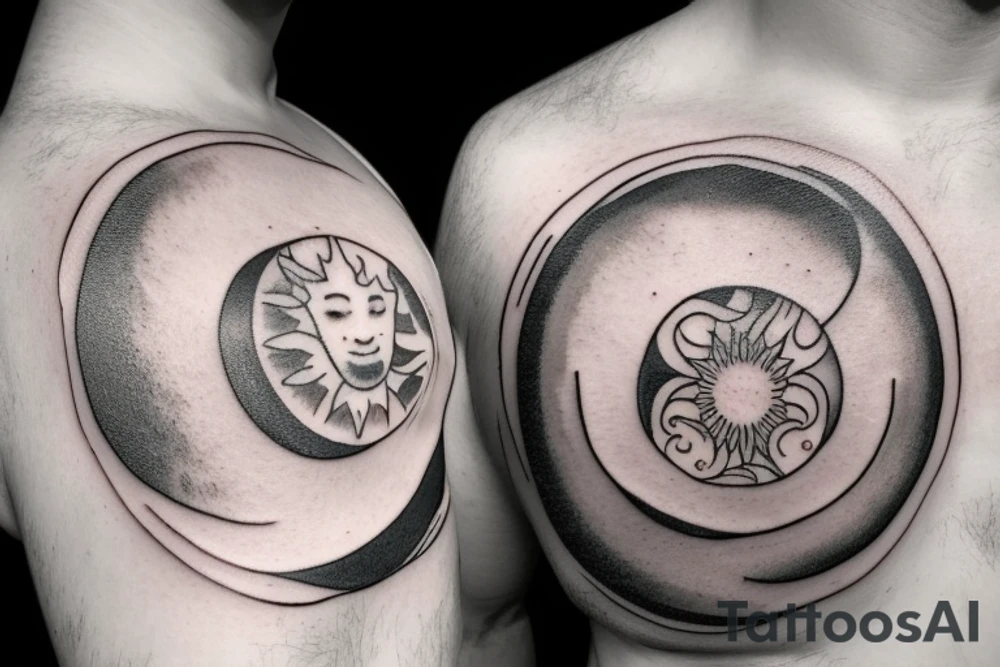 Tattoo Description:

Center: Place a merged image of the sun and moon. The sun should occupy half of the circle, with its rays extending outward in a burst of light. The moon, on the other half, is a crescent, casting a gentle glow. The fusion of the two celestial bodies symbolizes the balance of day and night, light and dark.

Turtles Starting the Spiral: Just outside the sun and moon circle, have two honu turtles placed opposite each other. Their back flippers should be touching or nearly touching the sun and moon circle, as if they're "pushing off" from it. This starts the spiral motion.

Spiral Theme: Starting from the turtles, have a spiral that gently moves outward. This can be an oceanic wave spiral, representing the fluidity of life and how everything starts from a central point and moves outward in a journey. The spiral can also have small Polynesian symbols or designs intermittently to fill space and add aesthetics.

Room for Expansion: Ensure that the end of the spiral isn’t fully closed, but rather tapers off and fades slightly. This gives a feeling of continuity, leaving room for further design additions in the future. Also, when designing the spiral, consider leaving spaces or gaps where new elements can be integrated seamlessly. tattoo idea