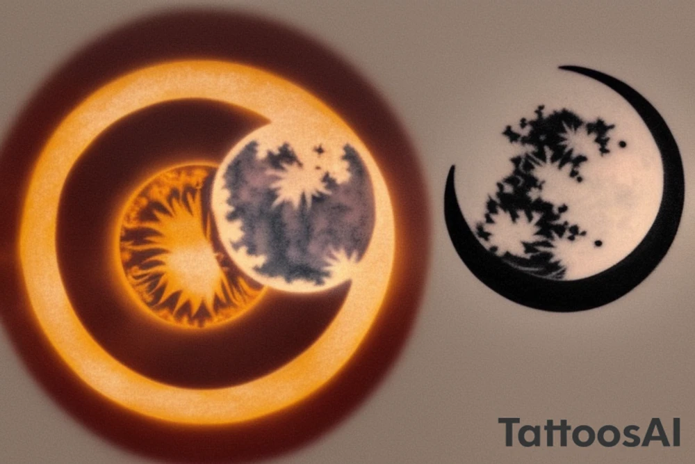 Tattoo Description:

Center: Place a merged image of the sun and moon. The sun should occupy half of the circle, with its rays extending outward in a burst of light. The moon, on the other half, is a crescent, casting a gentle glow. The fusion of the two celestial bodies symbolizes the balance of day and night, light and dark.

Turtles Starting the Spiral: Just outside the sun and moon circle, have two honu turtles placed opposite each other. Their back flippers should be touching or nearly touching the sun and moon circle, as if they're "pushing off" from it. This starts the spiral motion.

Spiral Theme: Starting from the turtles, have a spiral that gently moves outward. This can be an oceanic wave spiral, representing the fluidity of life and how everything starts from a central point and moves outward in a journey. The spiral can also have small Polynesian symbols or designs intermittently to fill space and add aesthetics.

Room for Expansion: Ensure that the end of the spiral isn’t fully closed, but rather tapers off and fades slightly. This gives a feeling of continuity, leaving room for further design additions in the future. Also, when designing the spiral, consider leaving spaces or gaps where new elements can be integrated seamlessly. tattoo idea