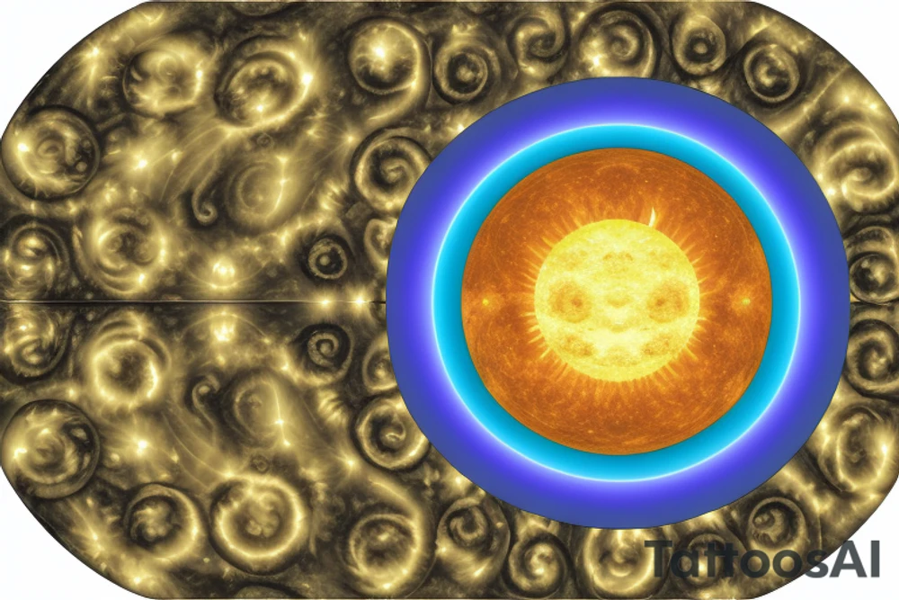 Center: Place a merged image of the sun and moon. The sun should occupy half of the circle, with its rays extending outward in a burst of light. The moon, on the other half, is a crescent, casting a gentle glow. The fusion of the two celestial bodies symbolizes the balance of day and night, light and dark.

Turtles Starting the Spiral: Just outside the sun and moon circle, have two honu turtles placed opposite each other. Their back flippers should be touching or nearly touching the sun and moon circle, as if they're "pushing off" from it. This starts the spiral motion.

Spiral Theme: Starting from the turtles, have a spiral that gently moves outward. This can be an oceanic wave spiral, representing the fluidity of life and how everything starts from a central point and moves outward in a journey. The spiral can also have small Polynesian symbols or designs intermittently to fill space and add aesthetics.

Room for Expansion: Ensure that the end of the spiral isn’t fully closed, but rather tapers off and fades slightly. This gives a feeling of continuity, leaving room for further design additions in the future. Also, when designing the spiral, consider leaving spaces or gaps where new elements can be integrated seamlessly. tattoo idea