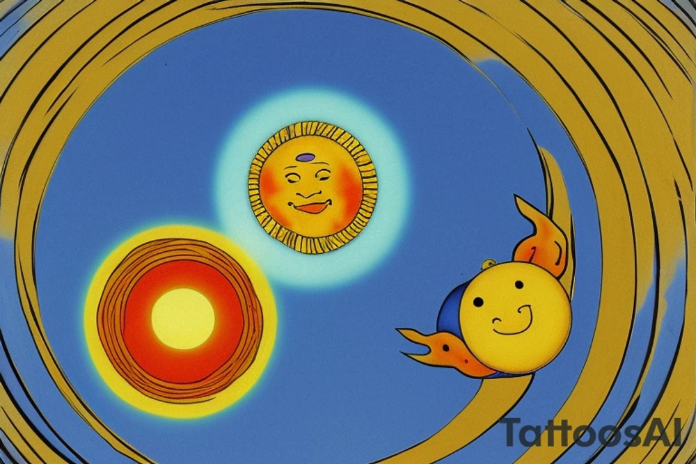 Center: Place a merged image of the sun and moon. The sun should occupy half of the circle, with its rays extending outward in a burst of light. The moon, on the other half, is a crescent, casting a gentle glow. The fusion of the two celestial bodies symbolizes the balance of day and night, light and dark.

Turtles Starting the Spiral: Just outside the sun and moon circle, have two honu turtles placed opposite each other. Their back flippers should be touching or nearly touching the sun and moon circle, as if they're "pushing off" from it. This starts the spiral motion.

Spiral Theme: Starting from the turtles, have a spiral that gently moves outward. This can be an oceanic wave spiral, representing the fluidity of life and how everything starts from a central point and moves outward in a journey. The spiral can also have small Polynesian symbols or designs intermittently to fill space and add aesthetics.

Room for Expansion: Ensure that the end of the spiral isn’t fully closed, but rather tapers off and fades slightly. This gives a feeling of continuity, leaving room for further design additions in the future. Also, when designing the spiral, consider leaving spaces or gaps where new elements can be integrated seamlessly. tattoo idea
