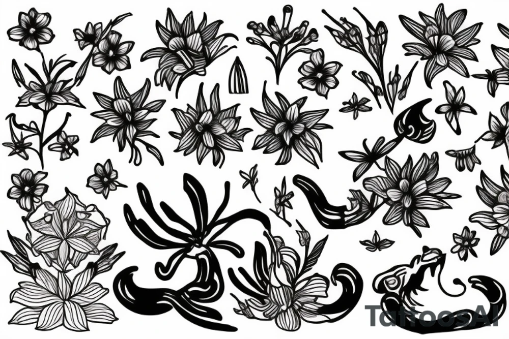 lion with 2 larkspur flowers and 3 stargazer lilies tattoo idea