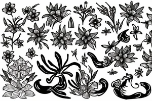 lion with 2 larkspur flowers and 3 stargazer lilies tattoo idea