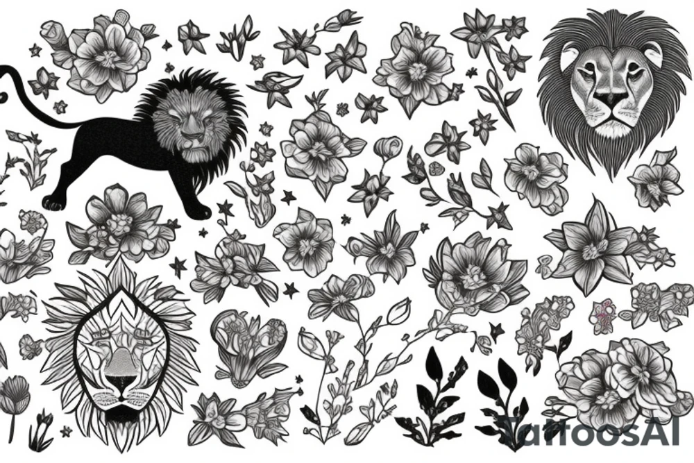 lion with 2 larkspur flowers and 3 stargazer lilies tattoo idea