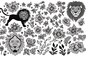 lion with 2 larkspur flowers and 3 stargazer lilies tattoo idea