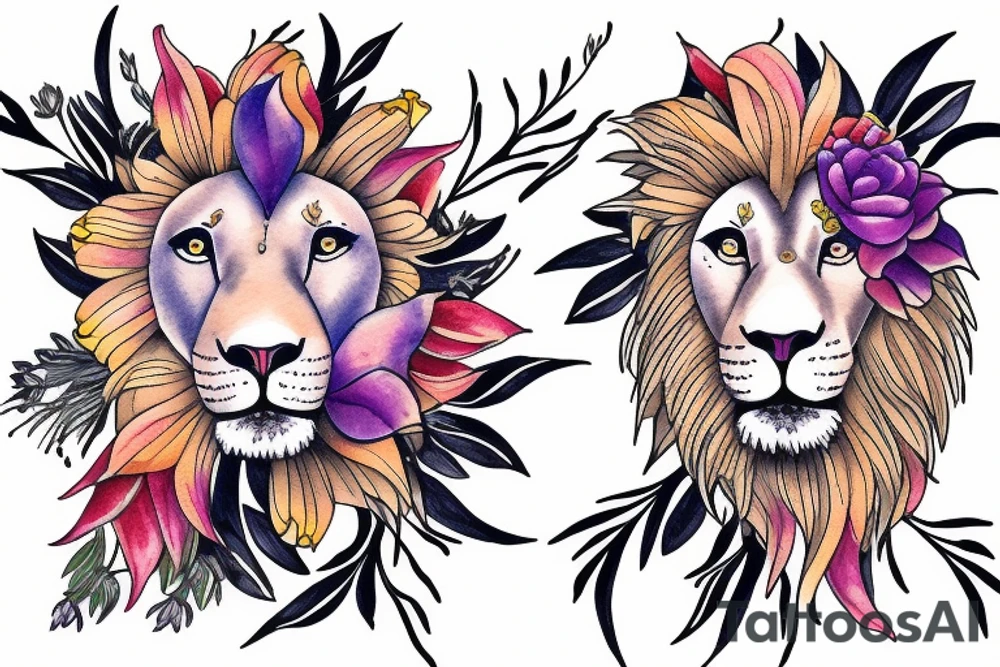 lion with 2 larkspur flowers and 3 stargazer lilies tattoo idea