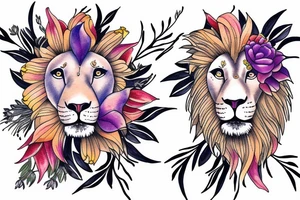 lion with 2 larkspur flowers and 3 stargazer lilies tattoo idea