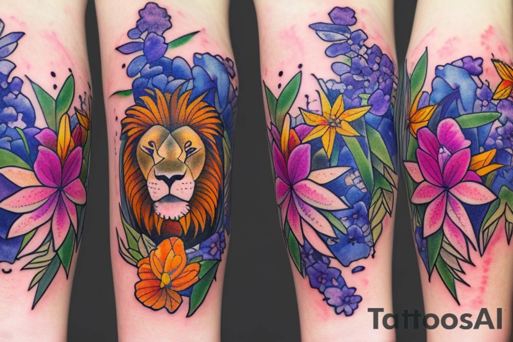 lion with 2 larkspur flowers and 3 stargazer lilies tattoo idea