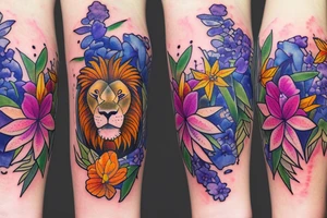 lion with 2 larkspur flowers and 3 stargazer lilies tattoo idea