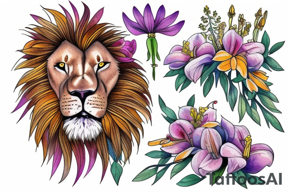 lion with 2 larkspur flowers and 3 stargazer lilies tattoo idea