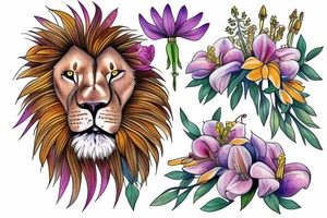lion with 2 larkspur flowers and 3 stargazer lilies tattoo idea