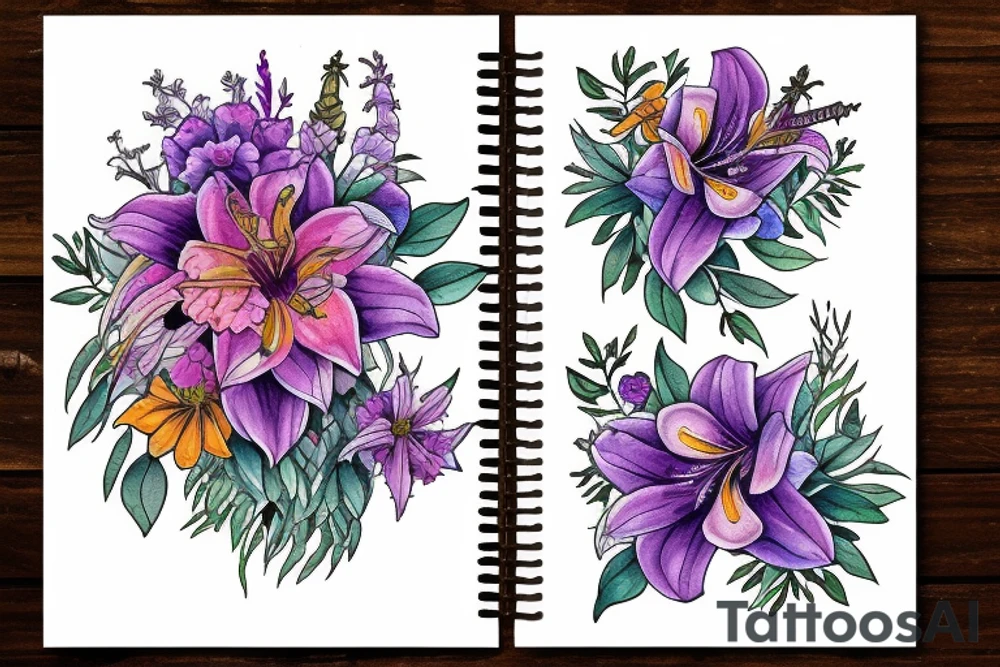 lion with 2 larkspur flowers and 3 stargazer lilies tattoo idea