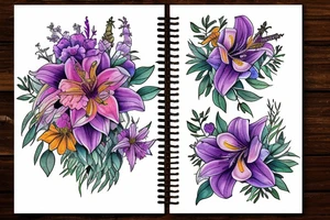 lion with 2 larkspur flowers and 3 stargazer lilies tattoo idea