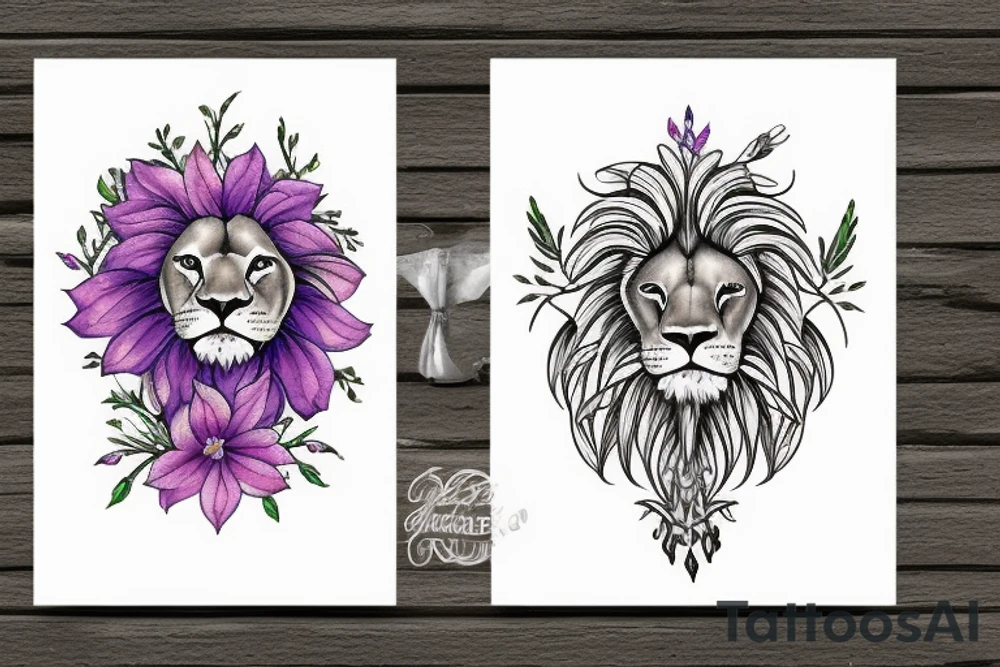 lion with 2 larkspur flowers and 3 stargazer lilies tattoo idea