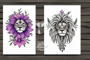lion with 2 larkspur flowers and 3 stargazer lilies tattoo idea
