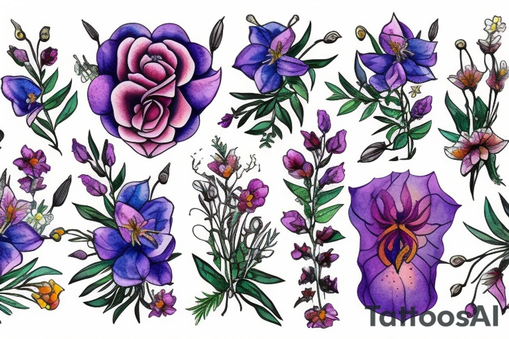 lion with 2 larkspur flowers and 3 stargazer lilies tattoo idea
