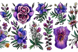 lion with 2 larkspur flowers and 3 stargazer lilies tattoo idea