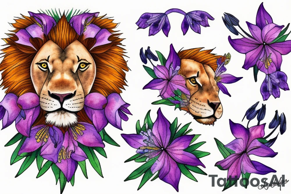 lion with 2 larkspur flowers and 3 stargazer lilies tattoo idea