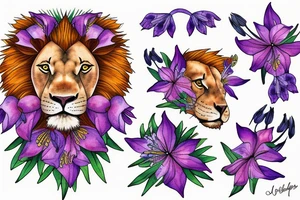 lion with 2 larkspur flowers and 3 stargazer lilies tattoo idea