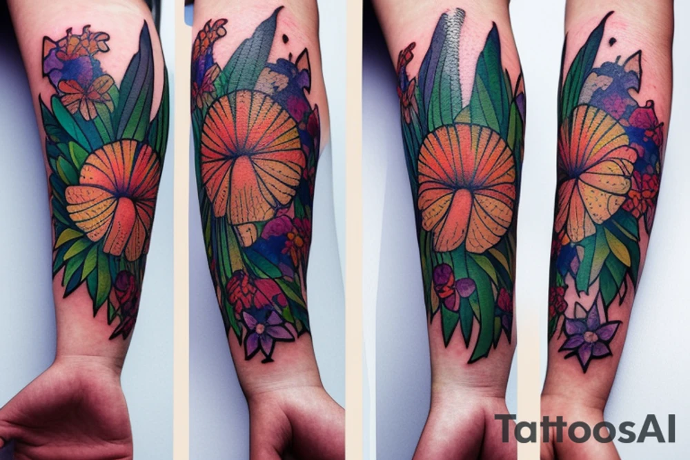 lion with 2 larkspur flowers and 3 stargazer lilies tattoo idea